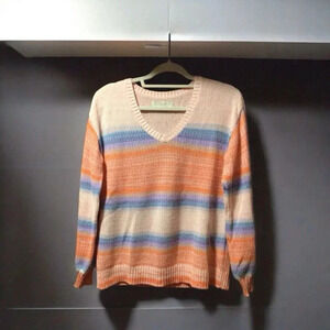 LOFT Ombré Striped V-Neck Sweater XS Pastels Knit Coquette Boho Cotton Blend